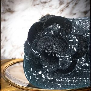 Plaid Boucle Black Croc Embossed Leather Trim Wristlet Camelia Detail NWOT!!